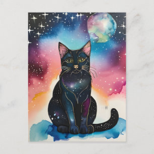 Cartão Postal Cartão-postal Black Cat in the Night Watercolor