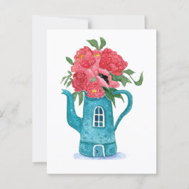 Cartão Postal Cartão-postal Blue Teapot com Flores Vermelhas
