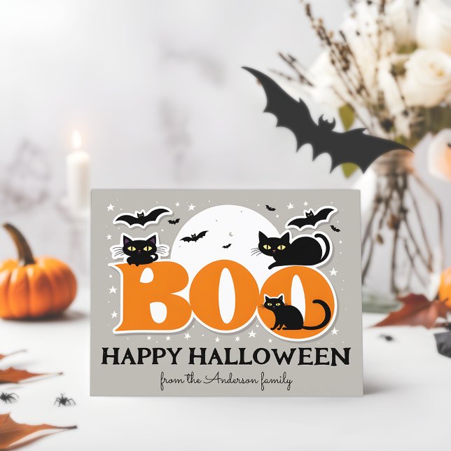 Cartão Postal Cartão-postal Boo Black Cats and Bats Happy Hallow (🦇🎃 Spooky Delights: Personalized Halloween Postcard! 👻)