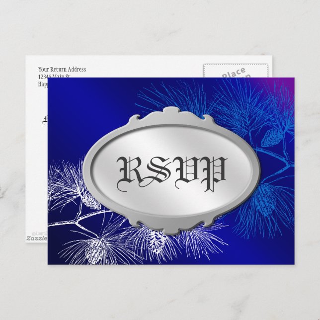 Cartão Postal Cartão-postal branco azul de feriado RSVP editável (Frente/Verso)