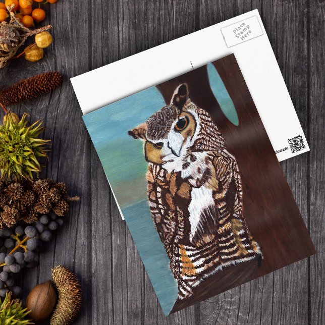 Cartão Postal Cartão-postal Brown e White Owl (Brown white owl golden eyes in tree overlooking water on postcard.)