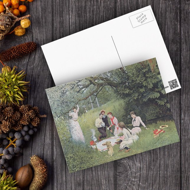 Cartão Postal Cartão-postal cínico vitoriano (Victorian family picnic with dog in the woods on postcard.)