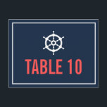 Cartão Postal Cartão-postal com número de tabela náutica marinho<br><div class="desc">Número da Tabela de Mídia Náutica marinho e Coral Cartão postal marinho escuro azul e cartões de agradecimentos de coral com uma ilustração de helm branco. Isso é perfeito para casamentos náuticos temáticos ou casamentos temáticos no mar e no oceano.</div>