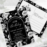 Cartão Postal Cartão-postal Conite White Floral Preto 60º Aniver<br><div class="desc">O padrão floral rosa muito elegante preto e branco cria um modelo de 60 anos de cartão postal. O texto branco e a caligrafia são enquadrados por um arco preto borrado em branco. Este item faz parte da Coleção Floral de Rosa Negra e Branca. Contém modelos para criar um conjunto...</div>