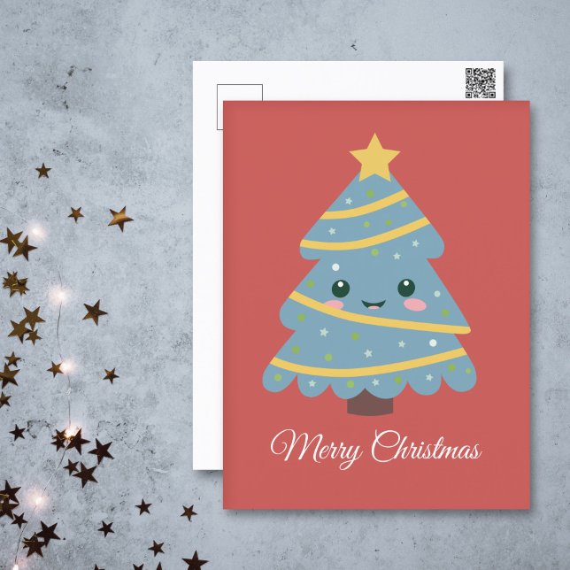 Cartão Postal Cartão-postal da Árvore de Natal Kawaii (Kawaii Christmas Tree Red Postcard)