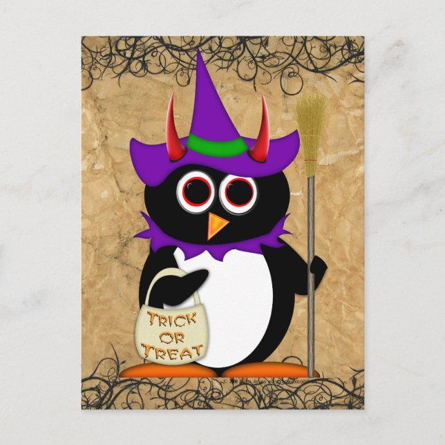 Cartão Postal Cartão-postal da Bruxa de Halloween de mau Penguin (Frente)