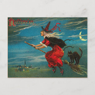 Cartão Postal Cartão-postal da bruxa-safra, Halloween, Gato Neg
