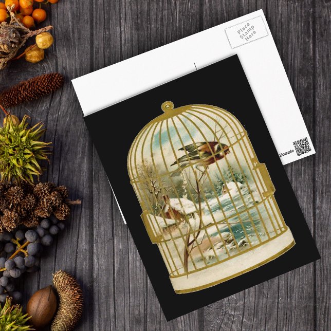 Cartão Postal Cartão-postal da Cena de inverno (Bird in Winter snow scene by cabin inside a golden bird cage on a black postcard.)