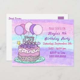 Cartão Postal Cartão-postal de aniversário da menina rosa e roxa