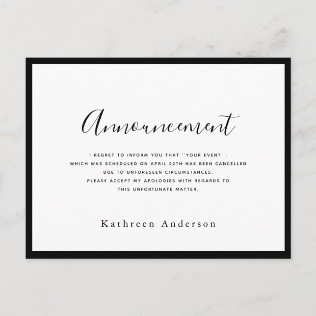 Cartão Postal Cartão-postal de Anúncio de Cancelamento de Script (Frente)