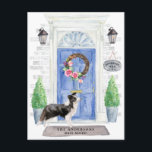 Cartão Postal Cartão-postal de Anúncio de Movimentação de Borda<br><div class="desc">Anuncie seu novo discurso com nosso anúncio de na moda com uma Borda Collie,  porta azul frontal,  tapete de boas-vindas,  tabuleiro,  topiários e uma coroa floral em um fundo de tijolo de cinza.</div>