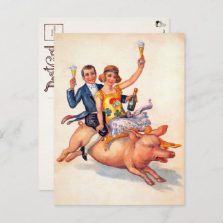 Cartão Postal Cartão-postal de Casal Vintage Riding Pig