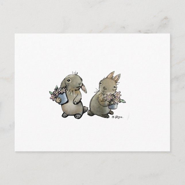 Cartão Postal Cartão-postal de Coelhos com Flores (Frente)