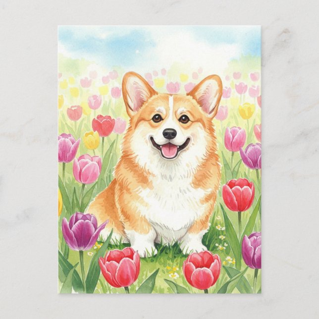 Cartão Postal Cartão-postal de Corgi-Cute em Tulips (Frente)