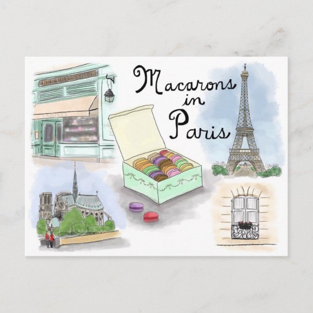 Cartão Postal Cartão-postal de desenho viagem: Macarons em Paris (Frente)