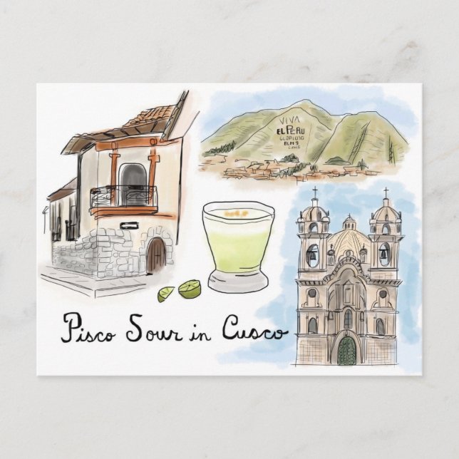 Cartão Postal Cartão-postal de desenho viagem: Pisco Sour em Cus (Frente)