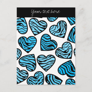 Cartão Postal Cartão-postal de Design de Corações Zebra Azul