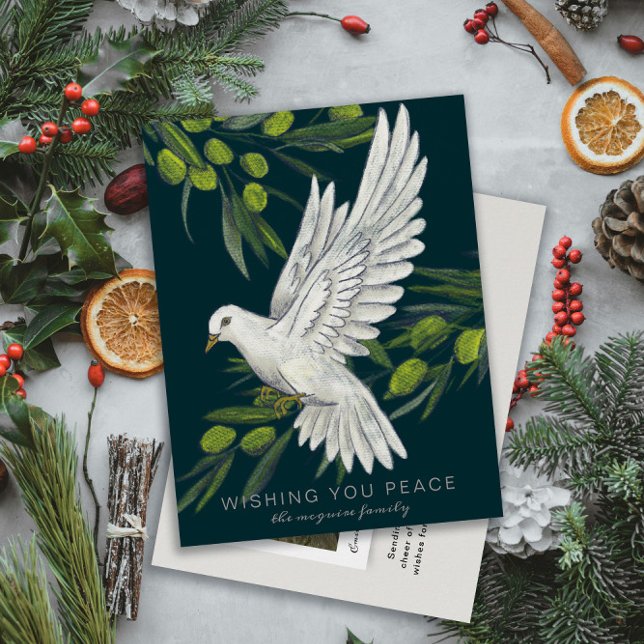 Cartão Postal Cartão-postal de Férias da Peace Dove e Branches (illustrated peace dove and olive branches on a dark teal blue background Christmas holiday postcard)