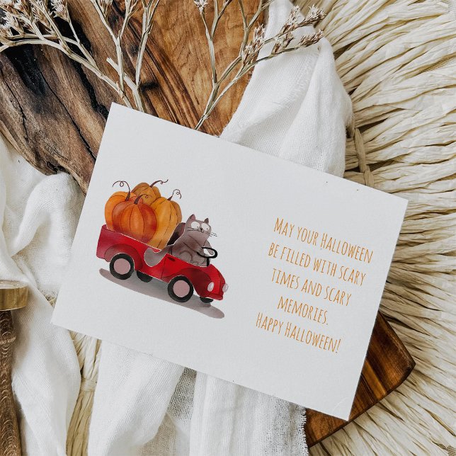 Cartão Postal Cartão-postal de gato de Halloween entregando abób (Criador carregado)