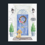 Cartão Postal Cartão-postal de lançamento de movimentação de poo<br><div class="desc">Anuncie seu novo discurso com nosso anúncio de na moda com um poodle bronzeado,  porta azul frontal,  tapete de boas-vindas,  tabuleiro,  topiários e uma coroa floral em um fundo de tijolo de cinza.</div>