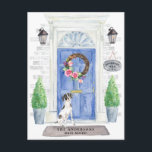 Cartão Postal Cartão-postal de lançamento de ponteiro em inglês<br><div class="desc">Anuncie seu novo discurso com nosso anúncio de na moda com um Ponteiro Inglês,  porta azul,  tapete de boas-vindas,  tabuleiro,  topiários e uma coroa floral em um fundo de tijolo de cinza.</div>