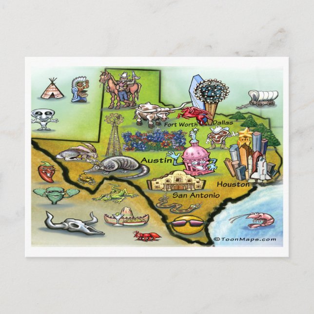 Cartão Postal Cartão-postal de Mapa de Cartoons do Texas (Frente)