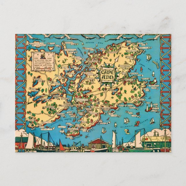 Cartão Postal Cartão-postal de Mapa Ilustrado de Cabo Ann (Frente)