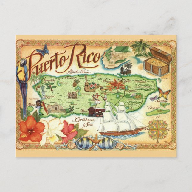 Cartão Postal Cartão-postal de Mapa Ilustrado em Porto Rico (Frente)
