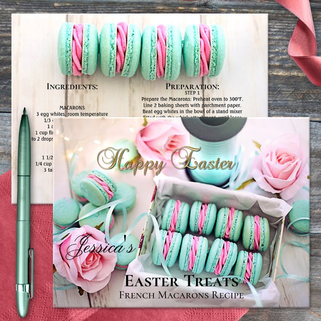 Cartão Postal Cartão-postal de Modelo de recebimento de macarões (Macarons recipe postcard with a pretty image of colorful macarons with pink rose - nice for Easter)