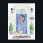 Cartão Postal Cartão-postal de movimentação de gatos dourados es<br><div class="desc">Anuncie seu novo discurso com nosso anúncio de na moda com um gato-dobra escocês,  porta azul,  tapete de boas-vindas,  letreiro,  topiários e coroa floral em fundo de tijolo de cinza.</div>