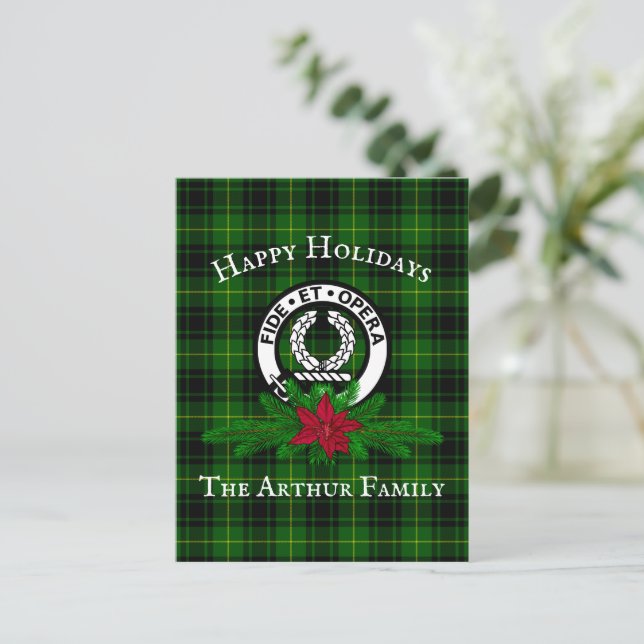 Cartão Postal Cartão-postal de Natal Clan Arthur Crest e Tartan (Em pé/Frente)