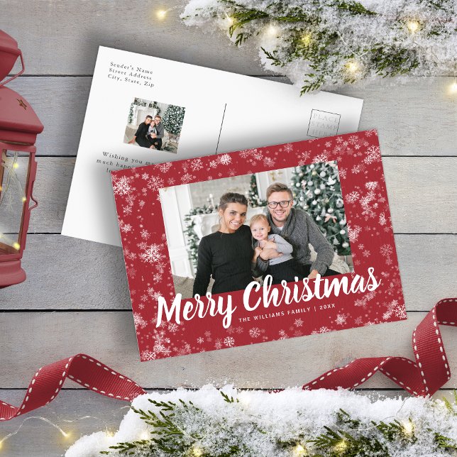 Cartão Postal Cartão-postal de Natal com Floco de Neve Vermelho  (Modern Red Snowflake Photo Christmas Postcard
)