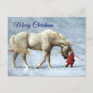 Cartão Postal Cartão-postal de Natal para Menina e Cavalo