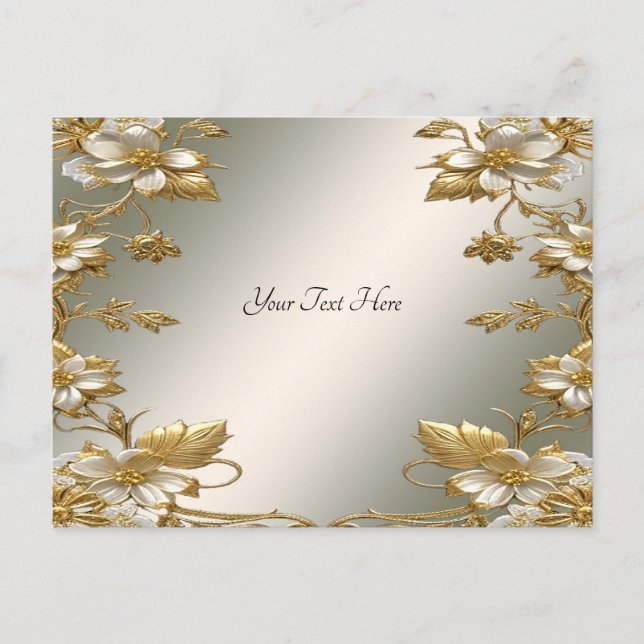 Cartão Postal Cartão-postal de Ornamentado Dourado Floral Branco (Frente)
