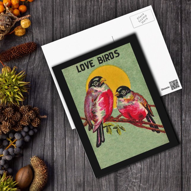 Cartão Postal Cartão-postal de Pássaros de Amor (Two pretty Love Birds dark pink on branch in front of orange sun on green postcard with black border)