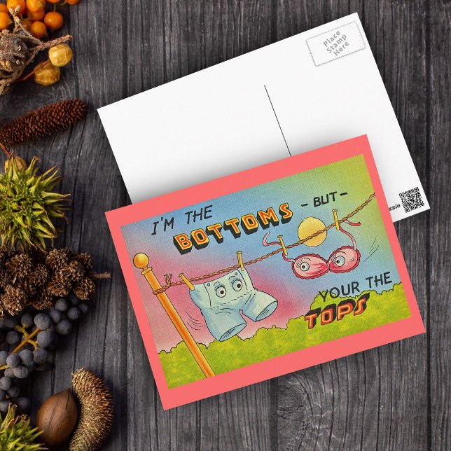 Cartão Postal Cartão-postal de roupas para entrevistas engraçada (Funny pants bra with eyes on salmon pink postcard with text  I'm the bottoms but you are the tops".)