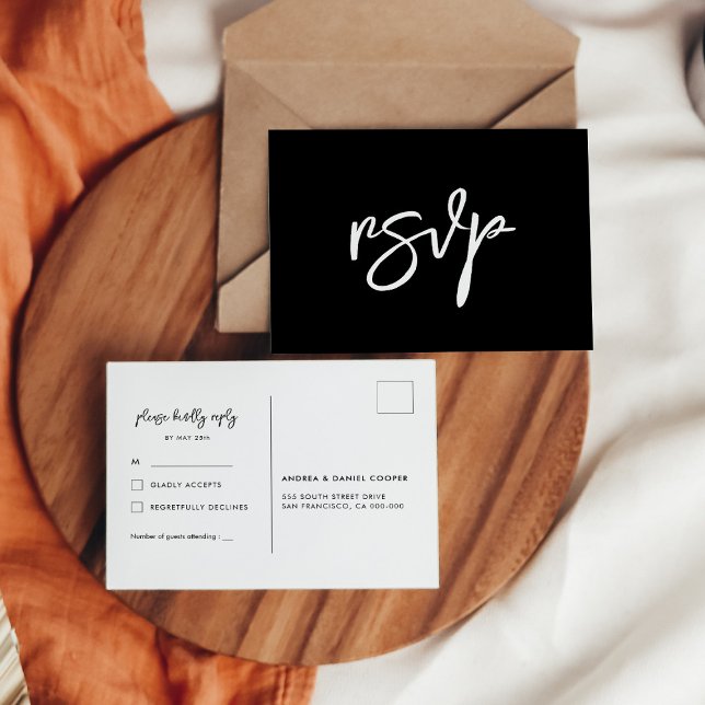 Cartão Postal Cartão-postal de RSVP de casamento negro contempor (Criador carregado)