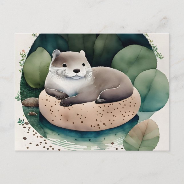 Cartão Postal Cartão-postal de Watercolor Otter (Frente)