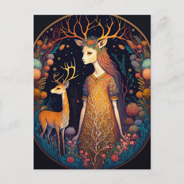 Cartão Postal Cartão-postal Deer Lady Fantasy Art (Frente)