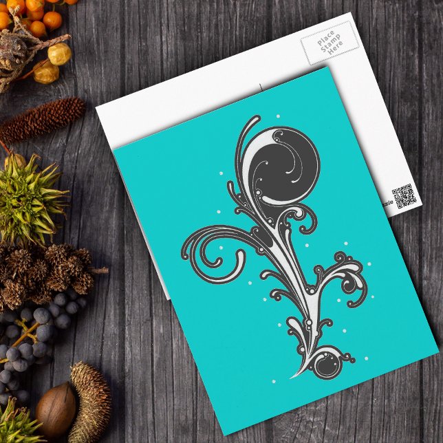 Cartão Postal Cartão-postal Design de rolagem preto-e-branco (Abstract classy design of black and white fancy scroll on bright aqua blue postcard.)