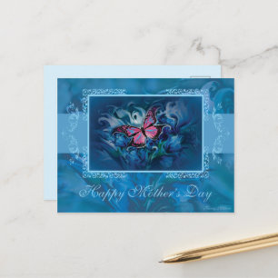 Cartão Postal Cartão-postal Dia de as mães Azul Flores e Borbole