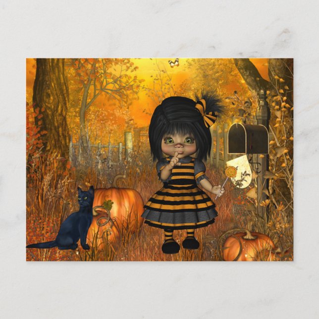 Cartão Postal Cartão-postal do Assustador do Halloween com Garot (Frente)