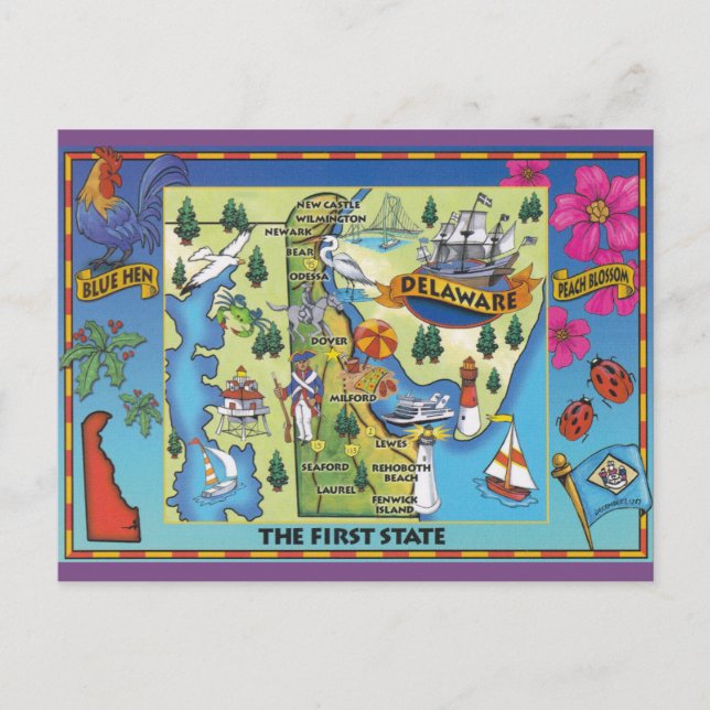 Cartão Postal Cartão-postal do Mapa de Estado Delaware (Frente)