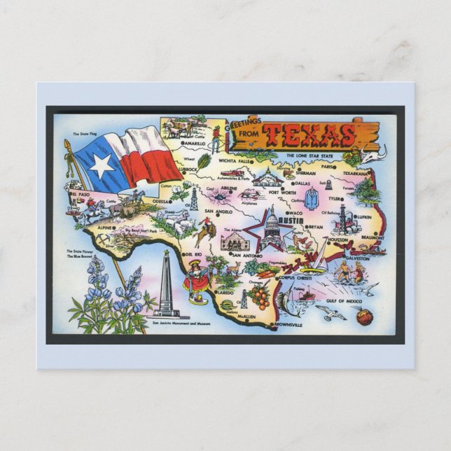 Cartão Postal Cartão-postal do mapa do estado do Texas (Frente)