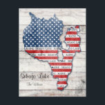 Cartão Postal Cartão-postal do Mapa do Lago Sebago Maine<br><div class="desc">Mostre seu lago Sebago, Maine e orgulho dos EUA! Este cartão-postal exibe um mapa do Lago Sebago, Maine, que é preenchido com gráficos vermelhos, brancos e azuis de bandeira americana. Personalize isso com seu nome e/ou endereço. Mande um cartão-postal da sua casa ou acampamento do lago contando a todos sobre...</div>