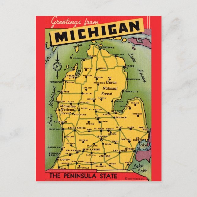Cartão Postal Cartão-postal do Mapa Saudável de Michigan (Frente)