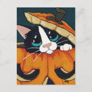 Cartão Postal Cartão-postal do Tuxedo Cat em Pumpkin Halloween