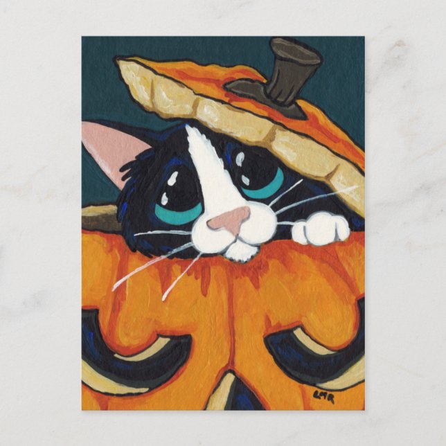 Cartão Postal Cartão-postal do Tuxedo Cat em Pumpkin Halloween (Frente)