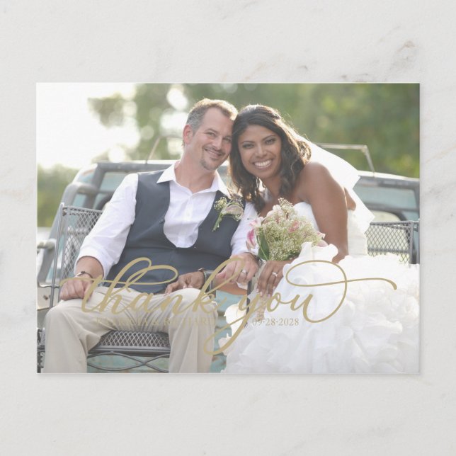 Cartão Postal Cartão-postal Elegante Dourado Script Photo Obriga (Frente)