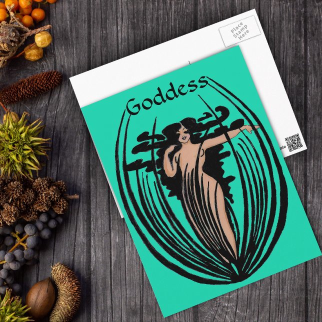 Cartão Postal Cartão-postal Fantasy Goddess (Godess woman long black hair in black flower pod on mint green postcard.)